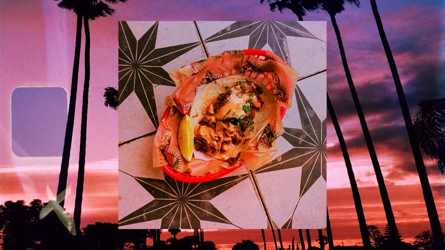 Collage: a plate of tacos over a tiled pattern against a pink sunset with palm trees.