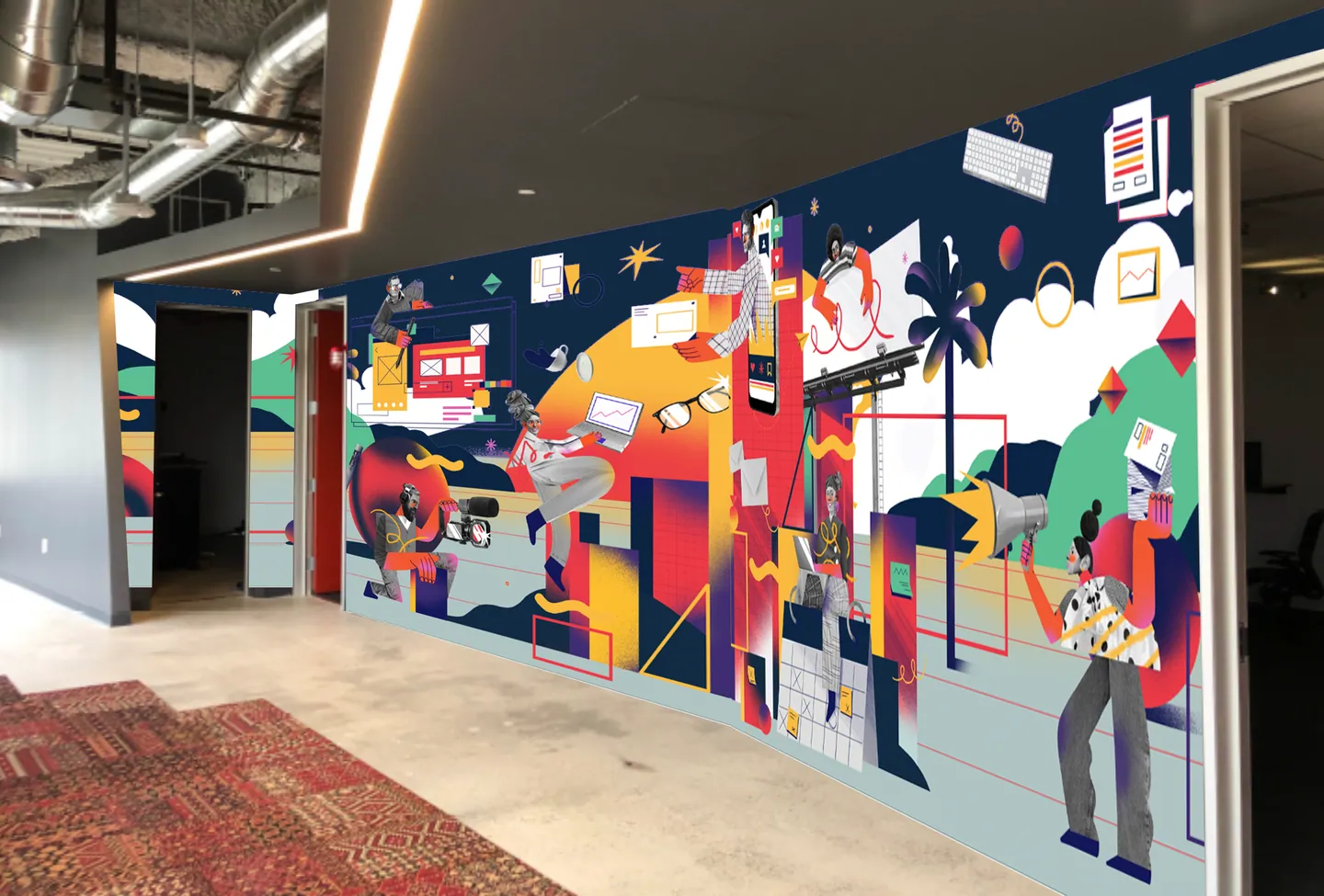 Office mural in the new palette, mocked up along a corridor.