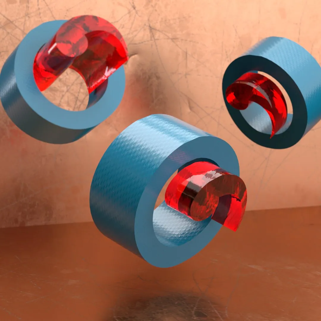 3D render: floating blue rings with red glass centers.