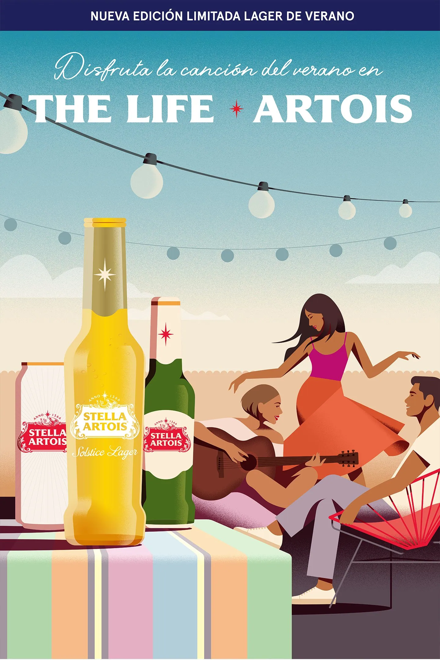 Illustrated summer poster: friends on a rooftop with a limited-edition summer lager.