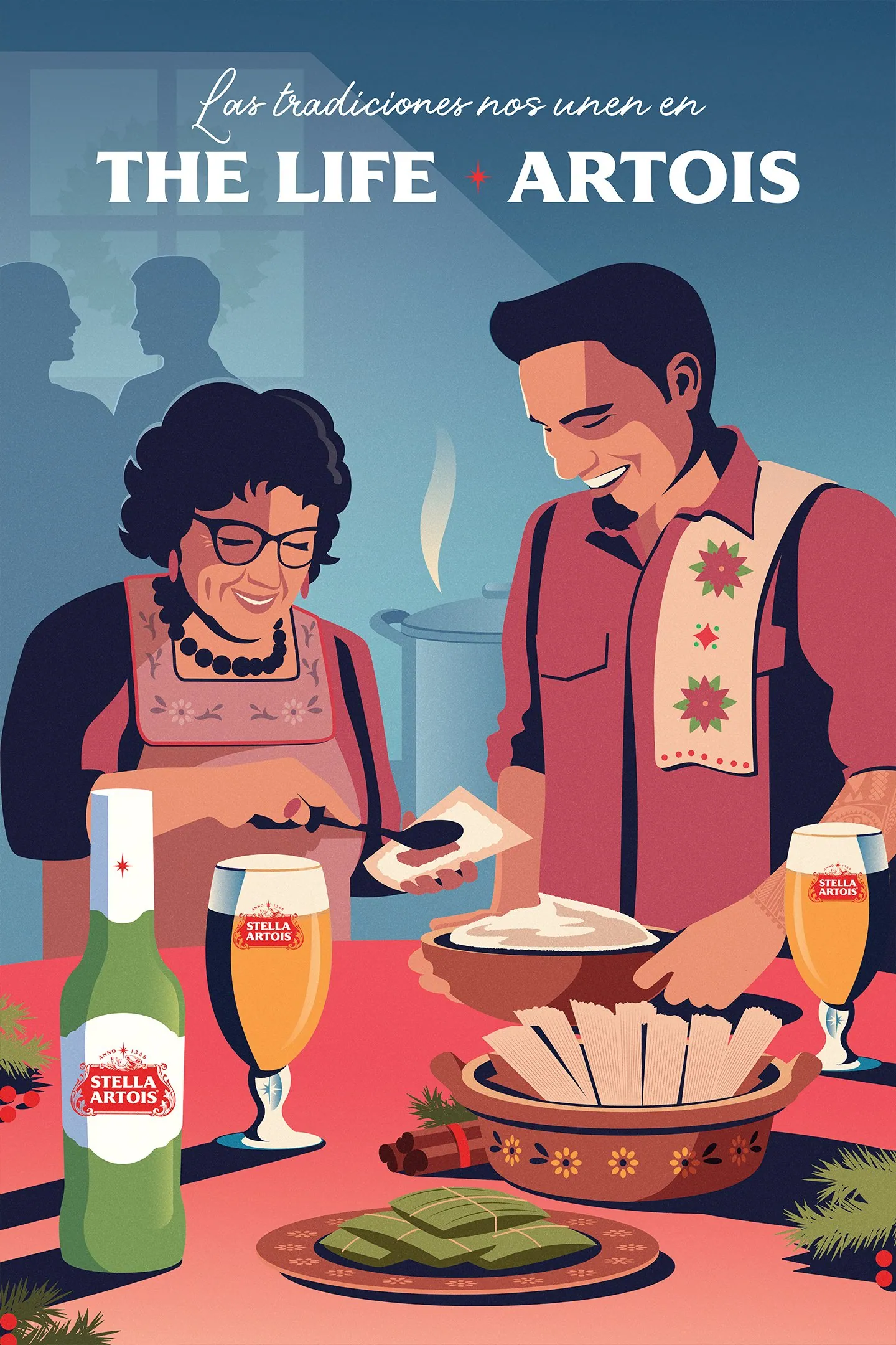 Illustrated poster of a family tamalada. “Las tradiciones nos unen.”