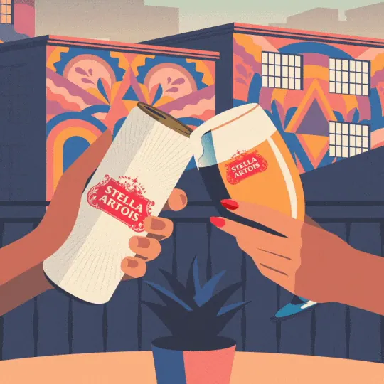 Looping illustration: two hands toast a Stella Artois can and chalice on a rooftop.