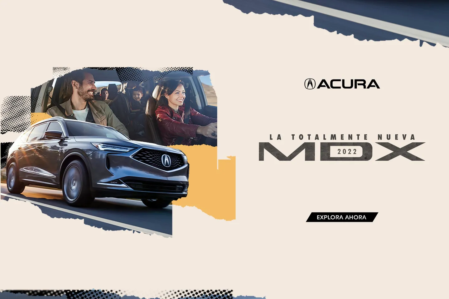 Display banner: the family in the MDX beside the “La totalmente nueva MDX 2022” lockup.
