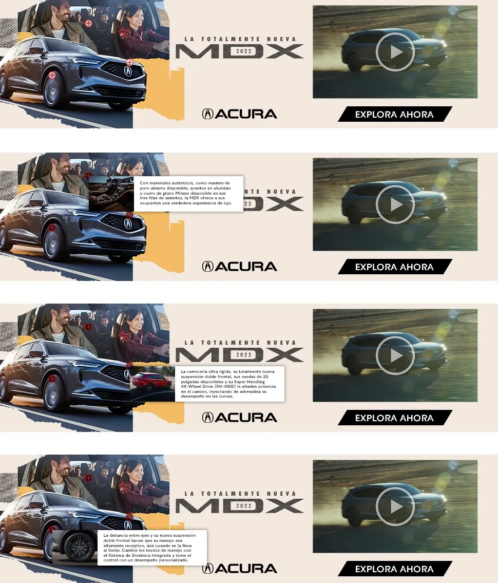Four frames of an expanding rich-media unit for “la totalmente nueva MDX”.