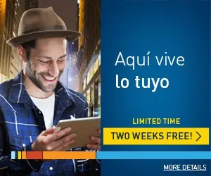Banner: “Aquí vive lo tuyo” with a smiling man holding a tablet.